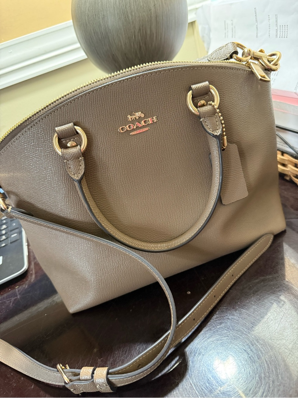 COACH Taupe Pebbled Leather Dome Satchel with Gold Hardware